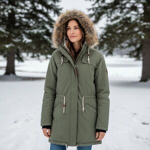 EDDIE BAUER Ladder Creek High Pile Green Parka Sherpa|Flannel Lining, Faux Trim
